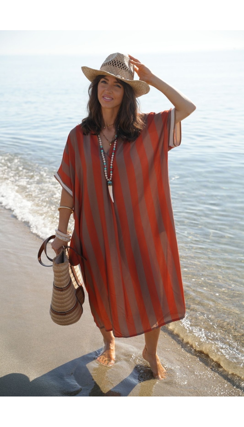 Robe Longue Rayée Orange VAIANA - Élégance à la Maison