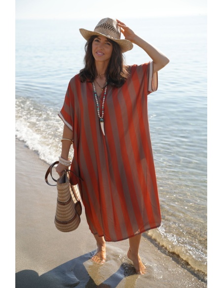 Orange gestreiftes langes Kleid VAIANA – Eleganz zu Hause