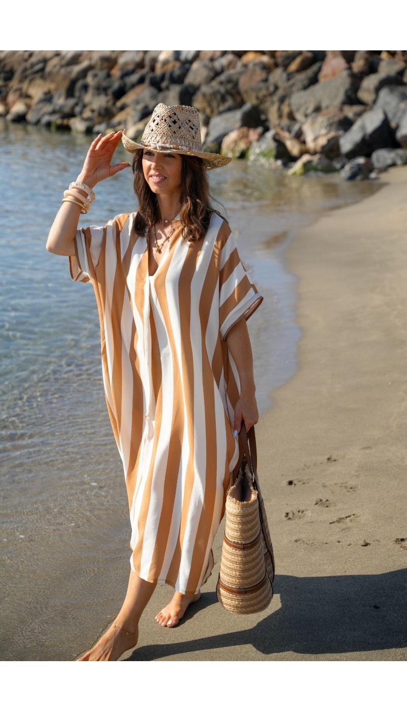 Camel Striped Long Dress VAIANA - Elegance and Comfort