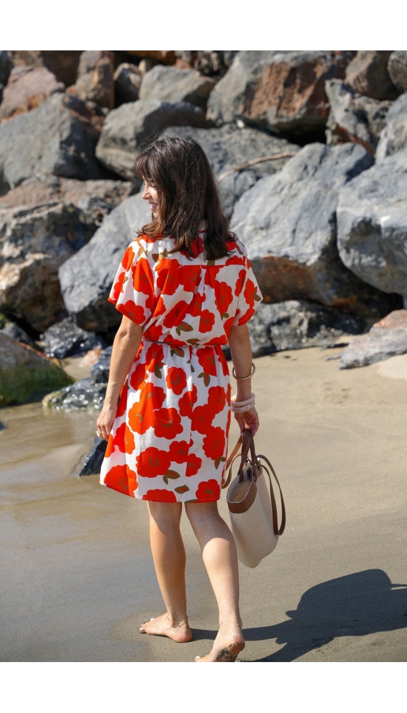 Vestido SINI Flores Naranja/Crudo