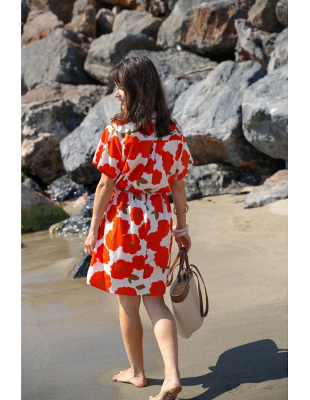 SINI Vestido Flores Laranja/Cru