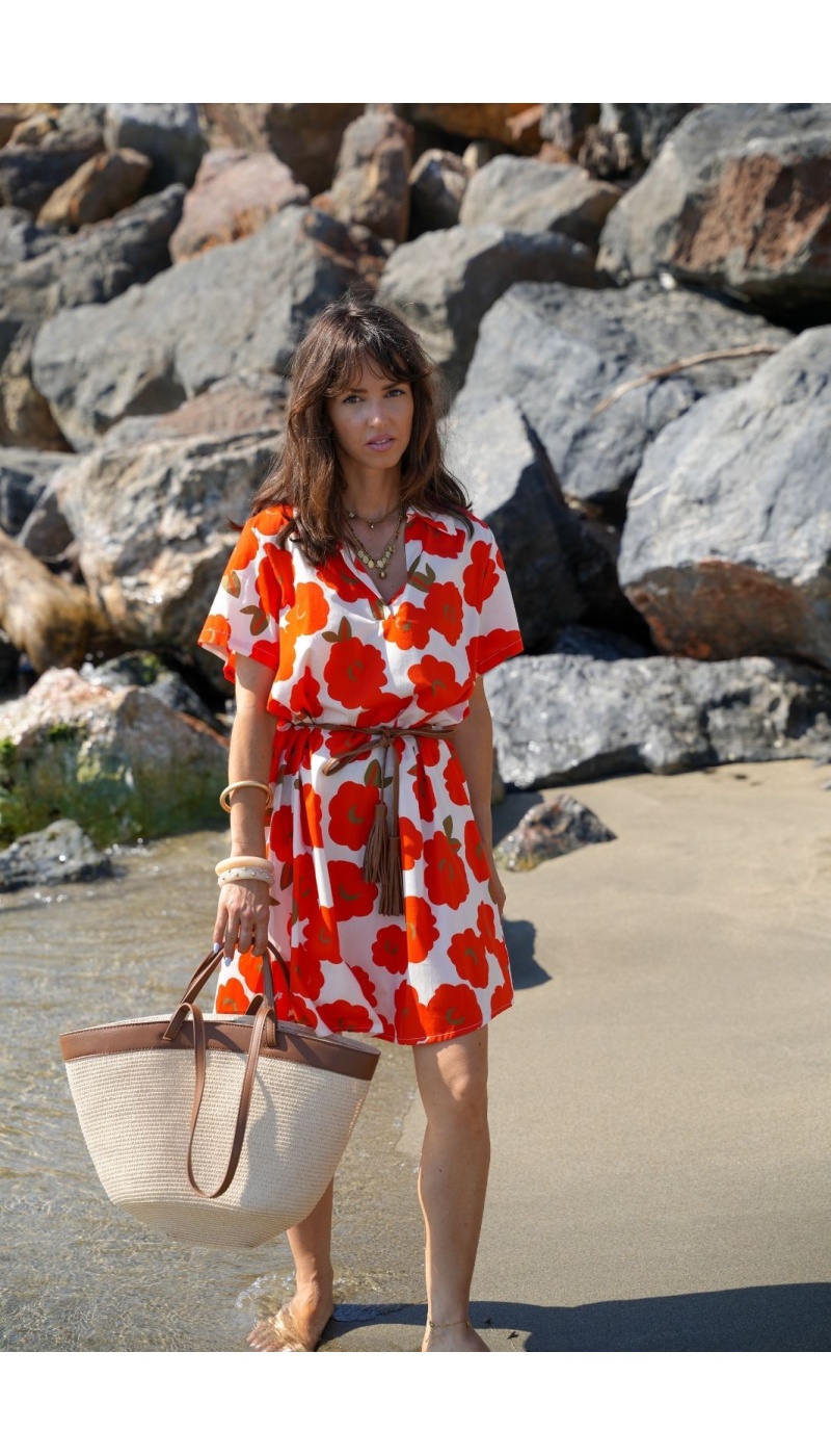 SINI Blumenkleid in Orange/Ecru