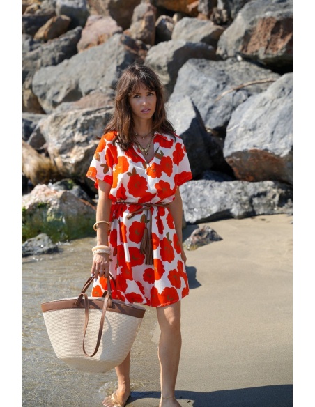 SINI Blumenkleid in Orange/Ecru