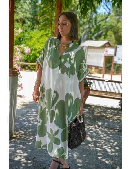 Robe Longue Fleurs Kaki VAIANA - Élégance et Style