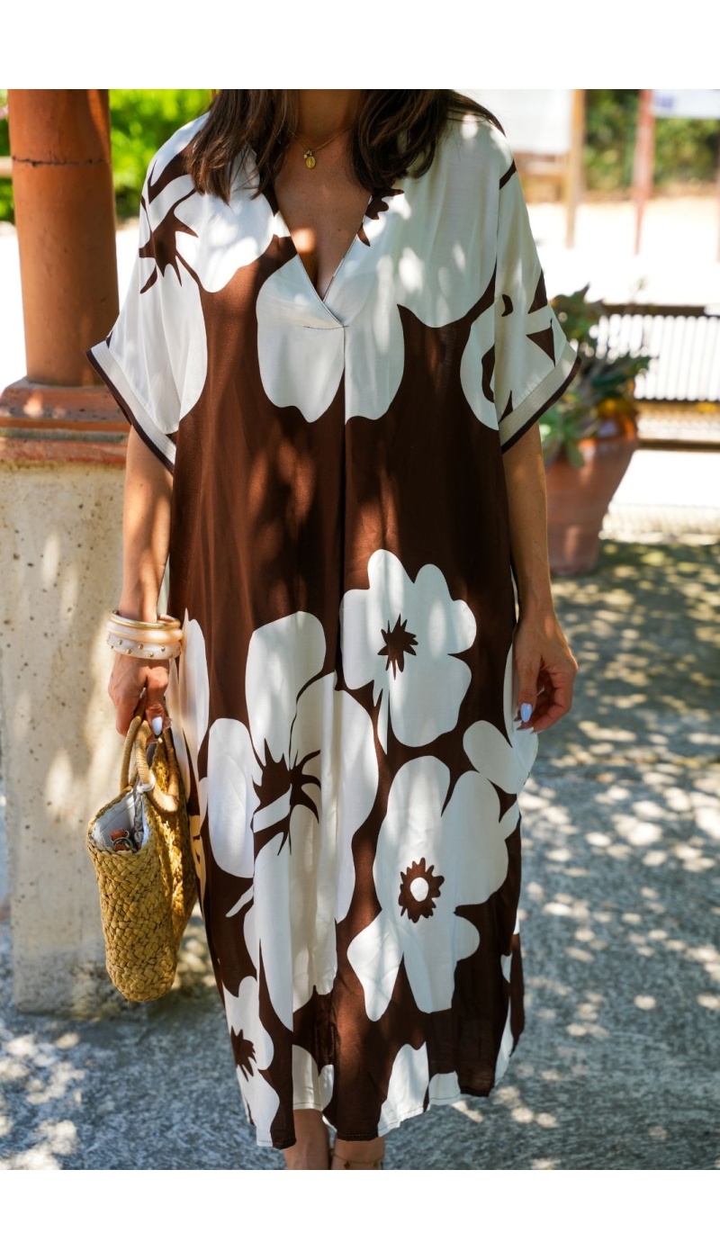 Robe Longue Fleurs Marron VAIANA - Élégance Naturelle
