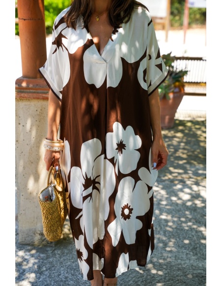Robe Longue Fleurs Marron VAIANA - Élégance Naturelle