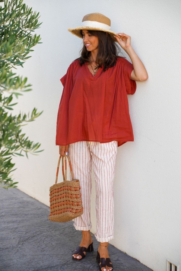 PANTALON FEMME RAYE ROUGE E26
