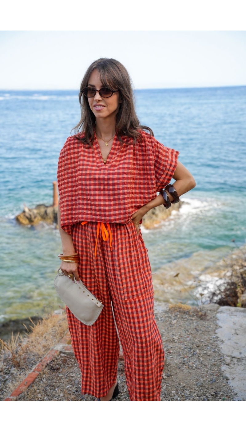 Pantalon Carreaux Orange SIENNE Noho - 2 | Accueil