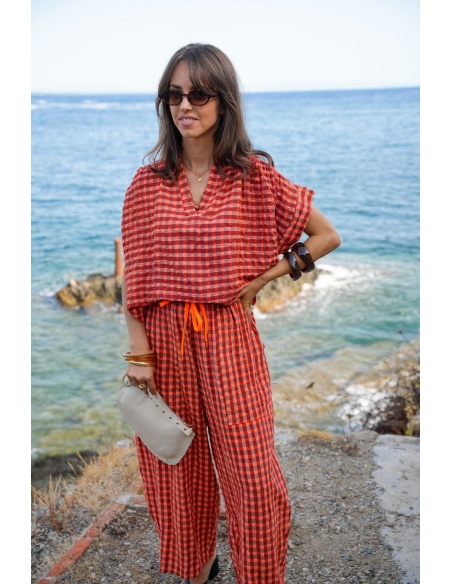Pantalon Carreaux Orange SIENNE Noho - 2 | Accueil
