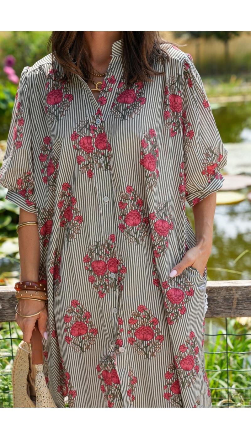Robe Fleurs Rayé Kaki ZINNIA Noho - 4 | Accueil