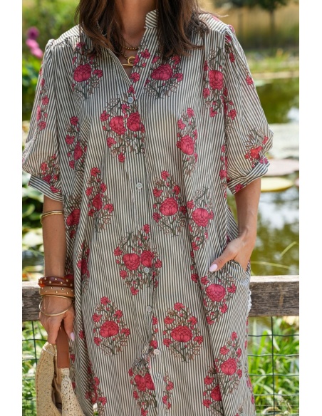 Robe Fleurs Rayé Kaki ZINNIA Noho - 4 | Accueil