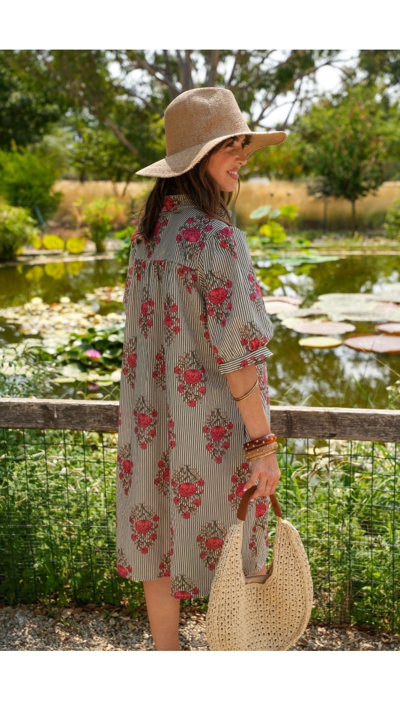 Robe Fleurs Rayé Kaki ZINNIA Noho - 3 | Accueil