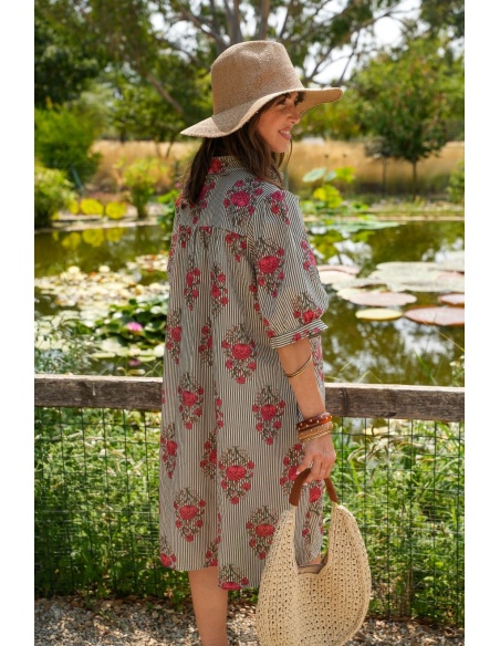Robe Fleurs Rayé Kaki ZINNIA Noho - 3 | Accueil
