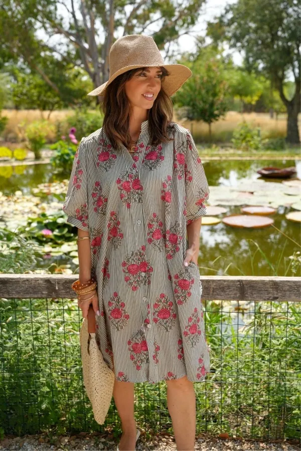 Robe Fleurs Rayé Kaki ZINNIA Noho - 1 | Accueil