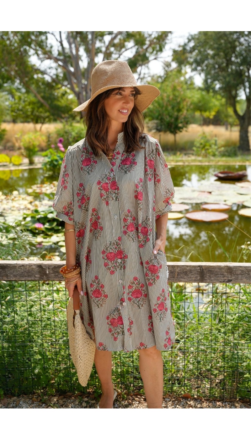 Robe Fleurs Rayé Kaki ZINNIA Noho - 1 | Accueil