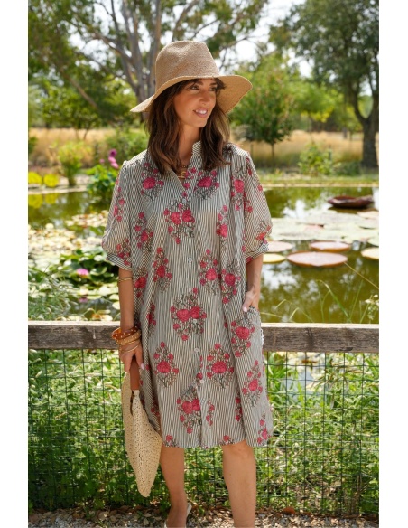Robe Fleurs Rayé Kaki ZINNIA Noho - 1 | Accueil