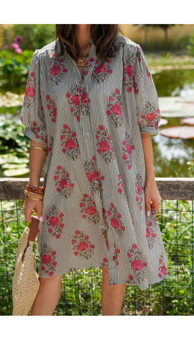 Robe Fleurs Rayé Kaki ZINNIA Noho - 2 | Accueil