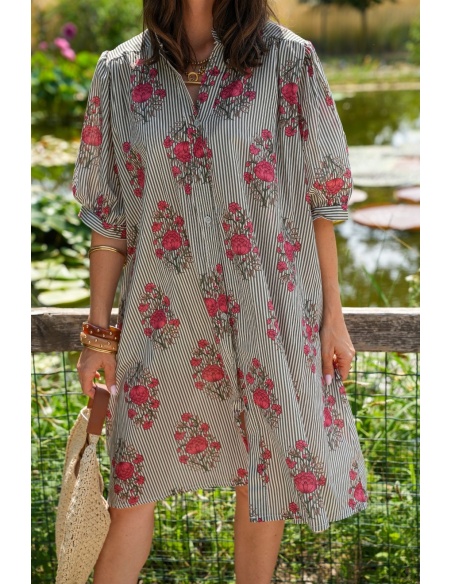 Robe Fleurs Rayé Kaki ZINNIA Noho - 2 | Accueil