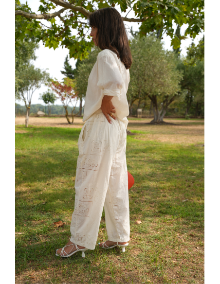 PANTALON FEMME BRODE ECRU H26 Johanna - 3 | Benvenuto