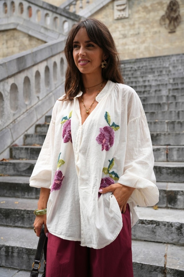Chemisier Fleur Brodé Ecru JOHANNA ALVISA Johanna - 1 | Accueil