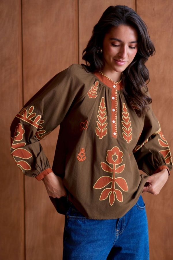 Blouse Brodé Marron TILIO Noho - 1 | Accueil
