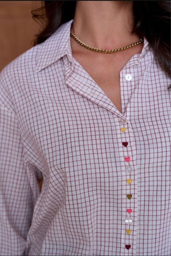 Chemise Carreaux Coeur Brodé Bordeau YSÉE Noho - 1 | Accueil