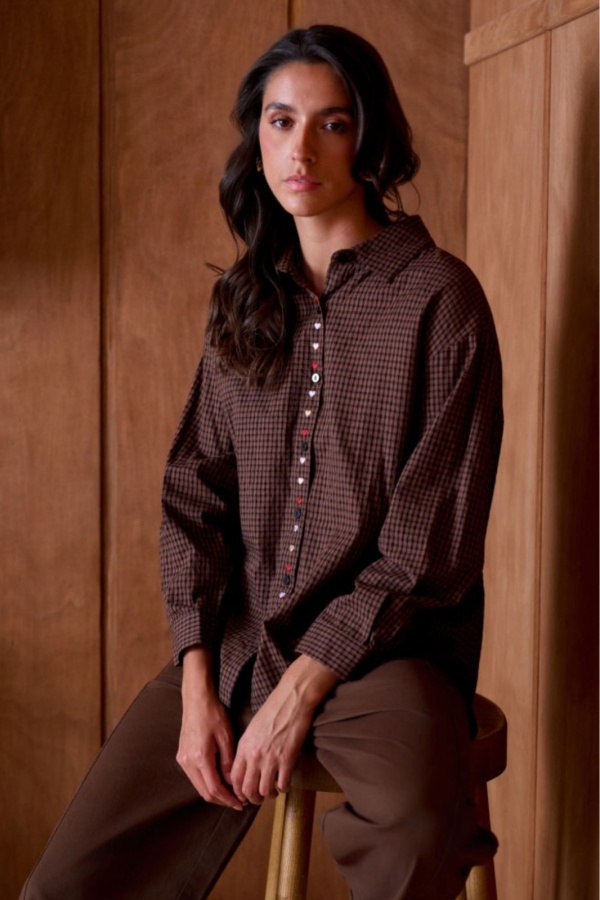 Chemise Carreaux Coeur Brodé Marron YSÉE Noho - 1 | Accueil