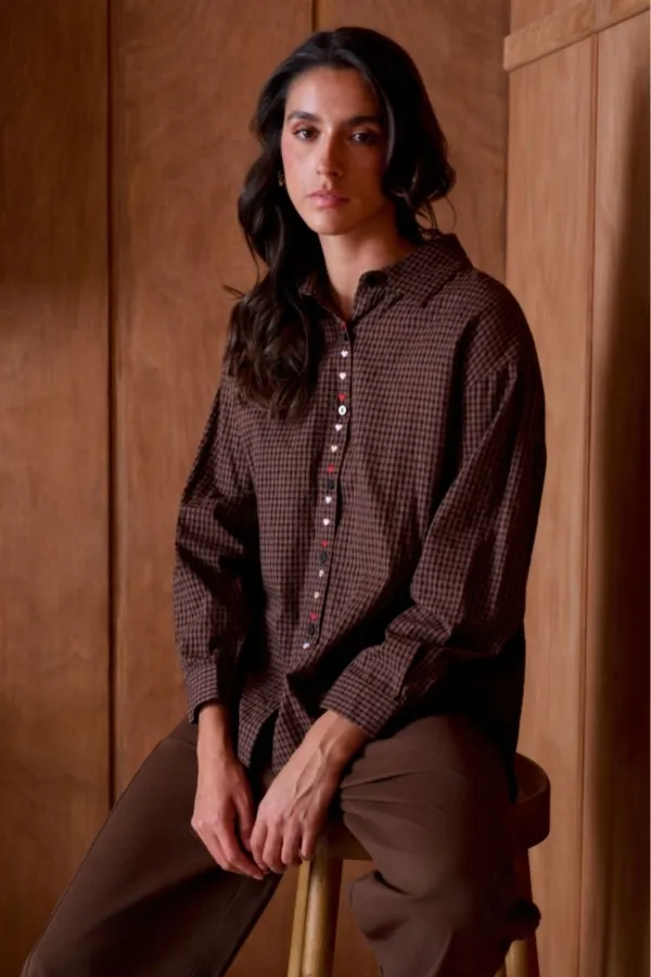 Chemise Carreaux Coeur Brodé Marron YSÉE Noho - 1 | Accueil