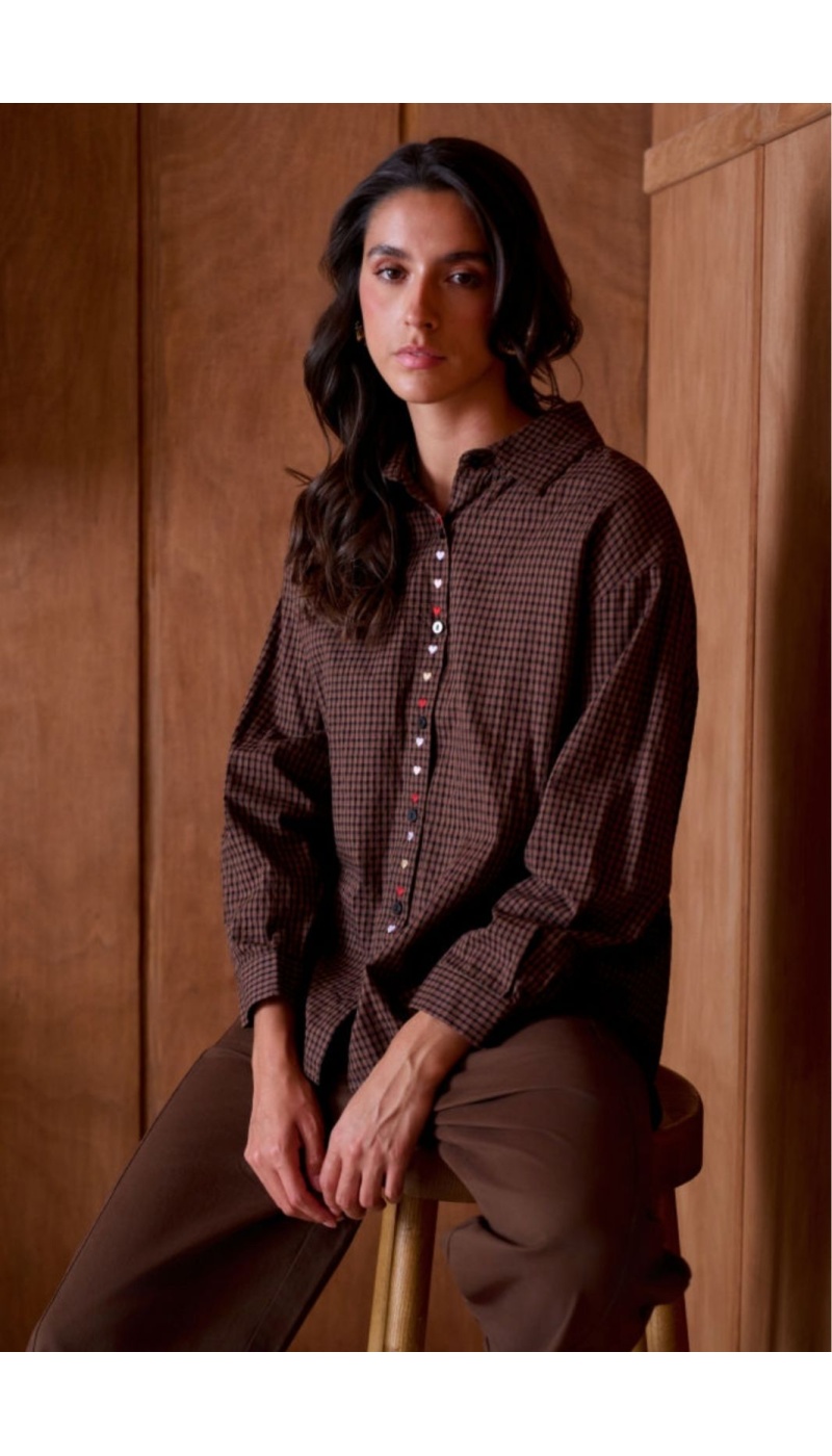 Chemise Carreaux Coeur Brodé Marron YSÉE Noho - 1 | Accueil