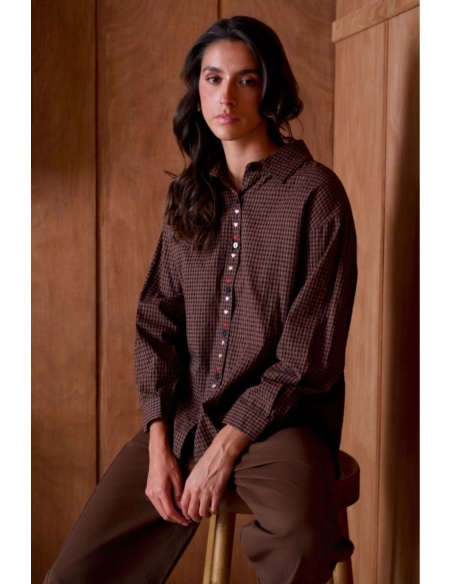 Chemise Carreaux Coeur Brodé Marron YSÉE Noho - 1 | Accueil
