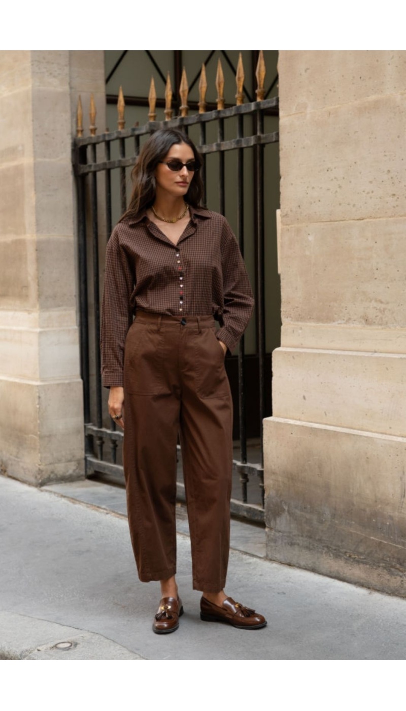 Chemise Carreaux Coeur Brodé Marron YSÉE Noho - 2 | Accueil