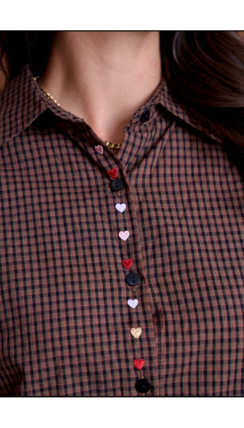 Chemise Carreaux Coeur Brodé Marron YSÉE Noho - 4 | Accueil
