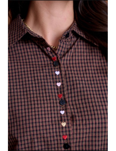 Chemise Carreaux Coeur Brodé Marron YSÉE Noho - 4 | Accueil