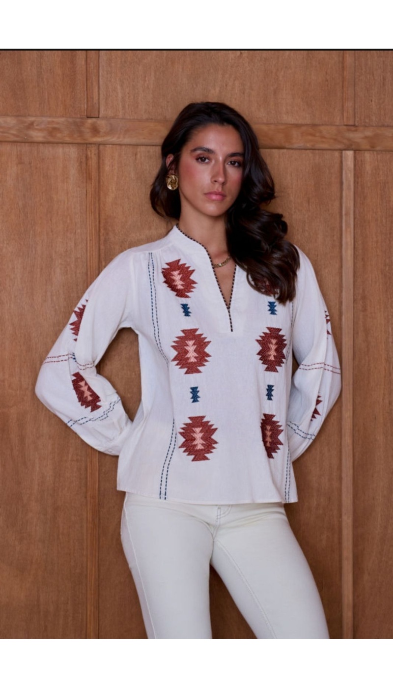Blouse Motif Brodé Ecru KERDREN Noho - 3 | Accueil