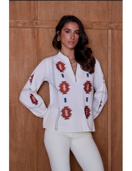 Blouse Motif Brodé Ecru KERDREN Noho - 3 | Accueil