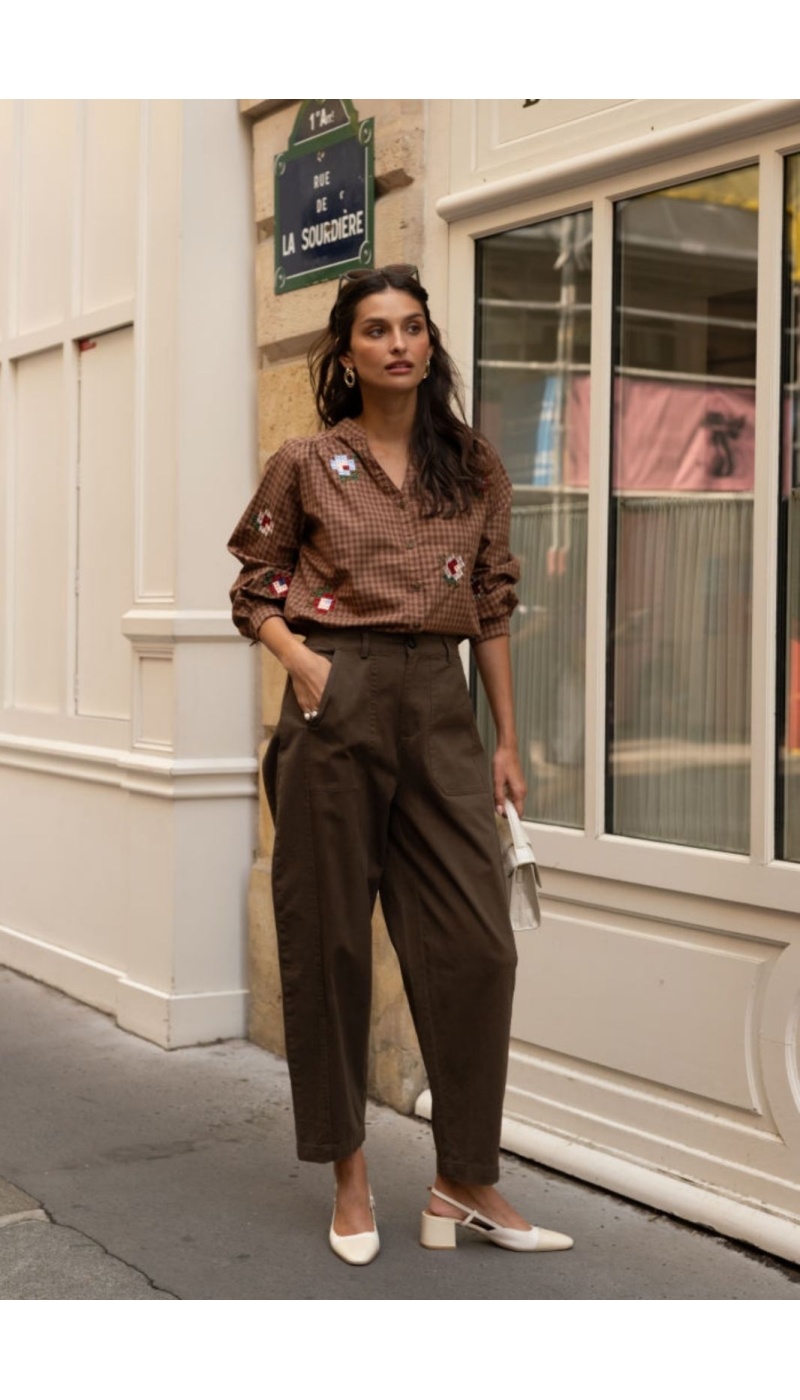 Chemisier Carreaux Brodé Camel RORTHAYS Noho - 3 | Accueil