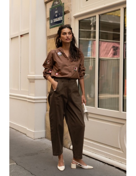 Chemisier Carreaux Brodé Camel RORTHAYS Noho - 3 | Accueil