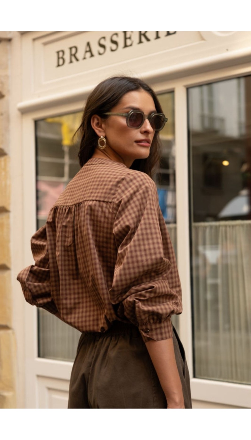 Chemisier Carreaux Brodé Camel RORTHAYS Noho - 4 | Accueil