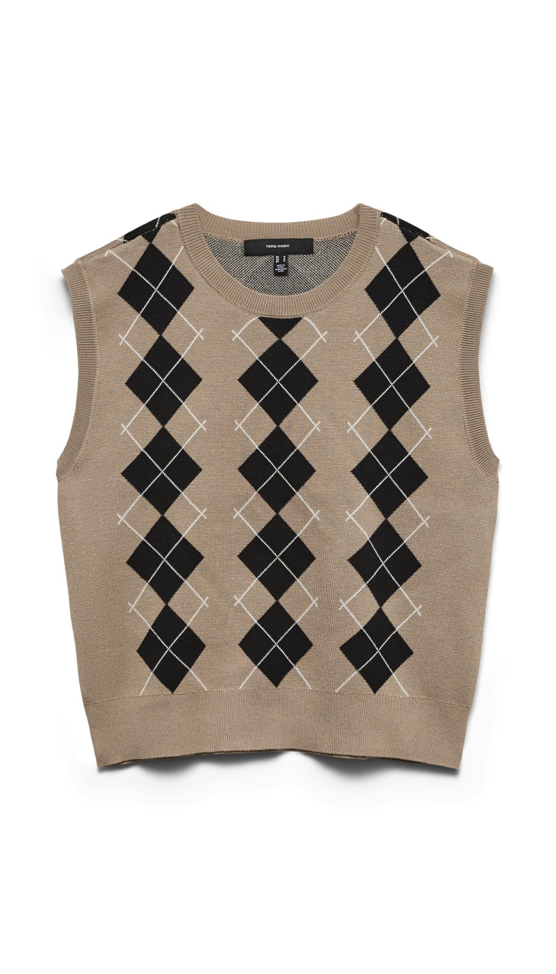 Pull Sans Manche Motif Losanges Beige VMINES Vero Moda - 1 | Accueil