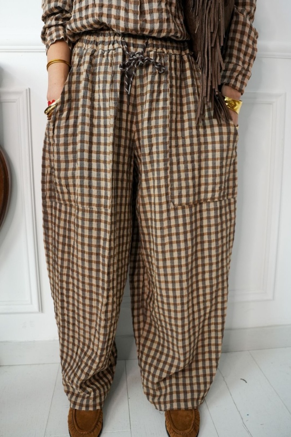 Pantalon Carreaux Marron ELLY Noho - 1 | Accueil 2