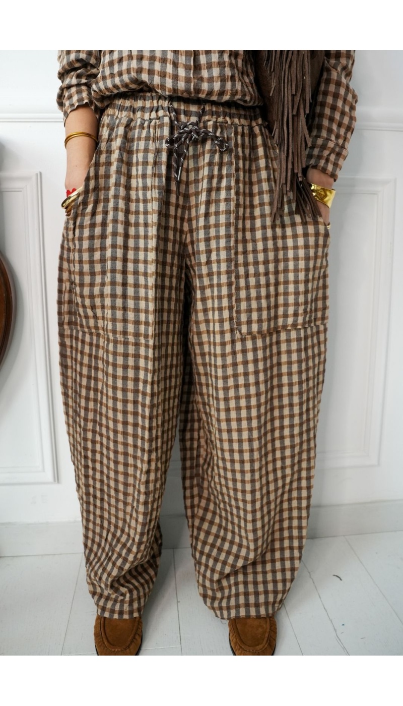 Pantalon Carreaux Marron ELLY Noho - 2 | Accueil