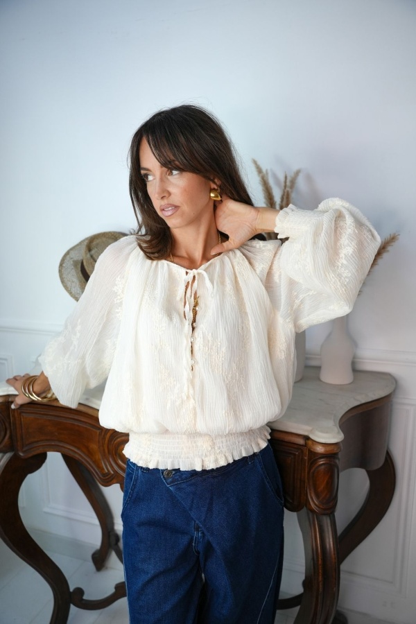 Blouse Brodée Ecru GRINDA Noho - 1 | Accueil