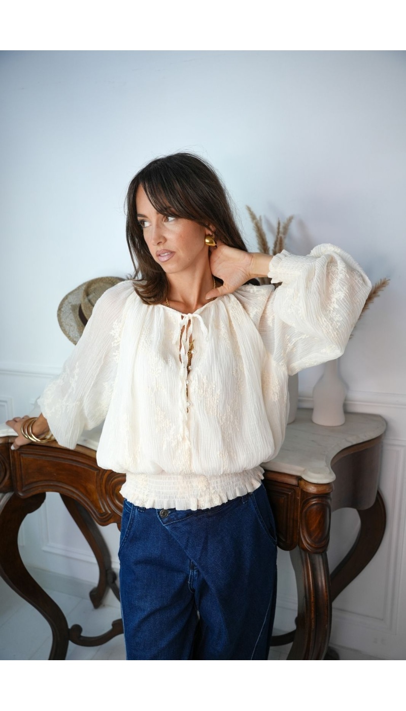 Blouse Brodée Ecru GRINDA Noho - 1 | Accueil