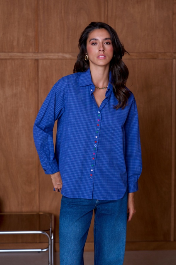 Chemise Carreaux Coeur Brodé Bleu YSÉE Noho - 1 | Accueil