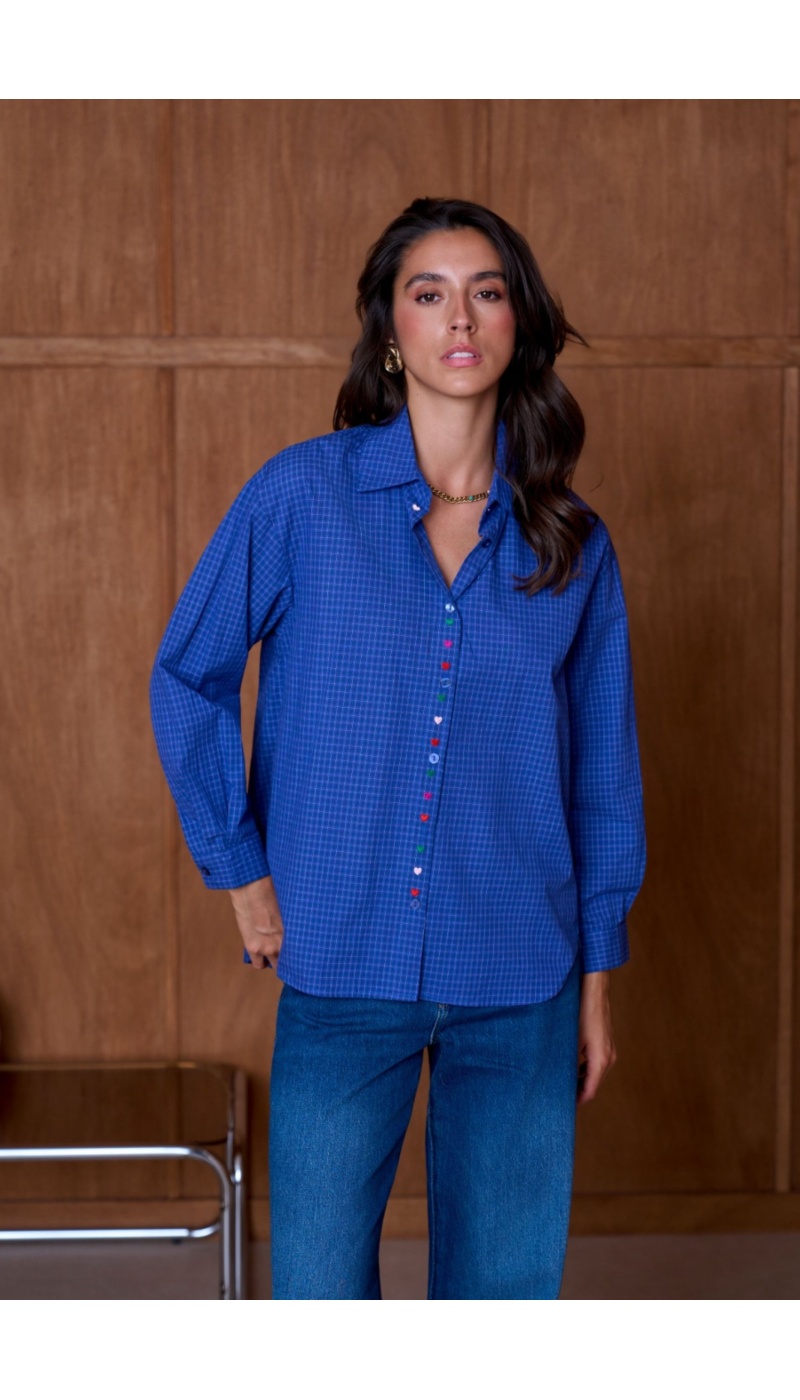 Chemise Carreaux Coeur Brodé Bleu YSÉE Noho - 1 | Accueil
