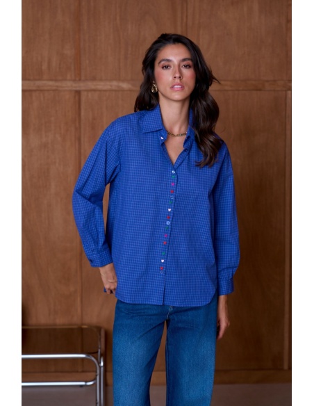 Chemise Carreaux Coeur Brodé Bleu YSÉE Noho - 1 | Accueil