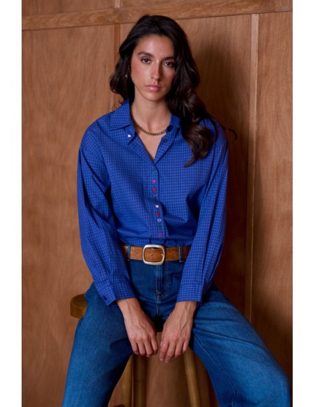 Chemise Carreaux Coeur Brodé Bleu YSÉE Noho - 2 | Accueil