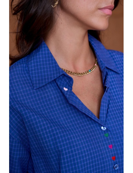 Chemise Carreaux Coeur Brodé Bleu YSÉE Noho - 3 | Accueil