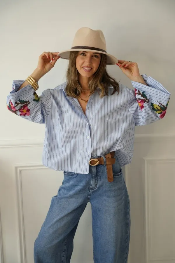 Chemise Rayée Ciel Fleurs ROVIGIO Noho - 1 | Accueil