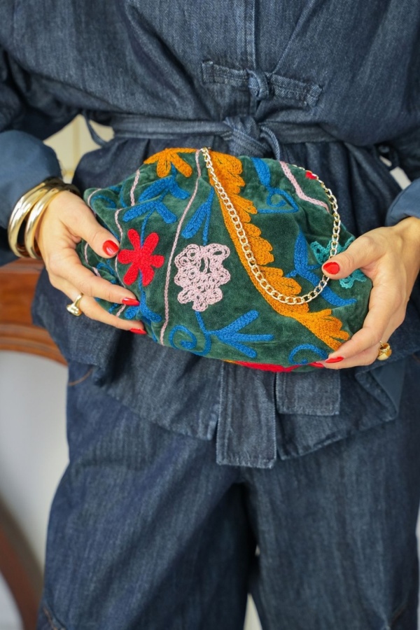 Pochette Velours Fleurs Vert AIMY Noho - 1 | MAROQUINERIE / SACS